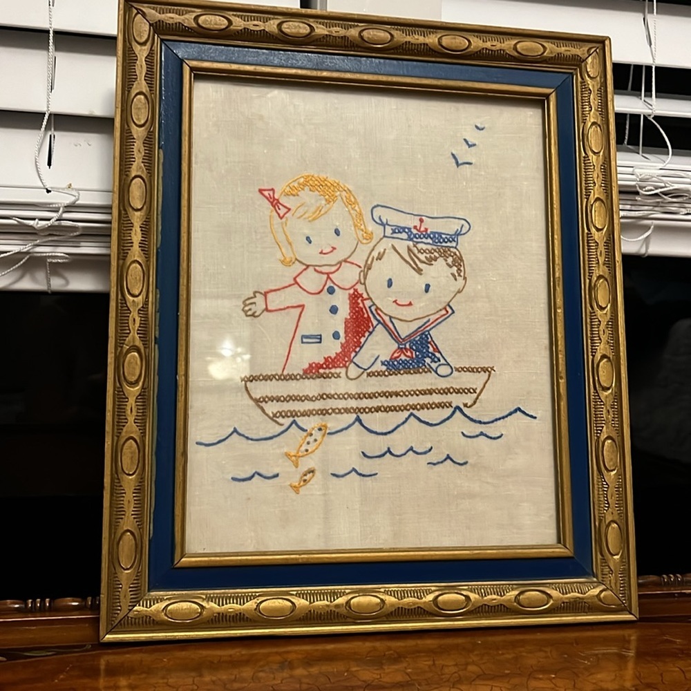 Vintage Embroidered Cross-stitch Hello Sailor wall art - Picture 3 of 6